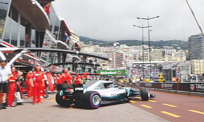MONACO: Mercedes’ Finnish driver Valtteri Bottas leaves the pits during the first practice session at the Monaco Street Circuit on Thursday, ahead of the Monaco Formula 1 Grand Prix.—AFP MONACO: Mercedes’ Finnish driver Valtteri Bottas leaves the pits during the first practice session at the Monaco Street Circuit on Thursday, ahead of the Monaco Formula 1 Grand Prix.—AFP