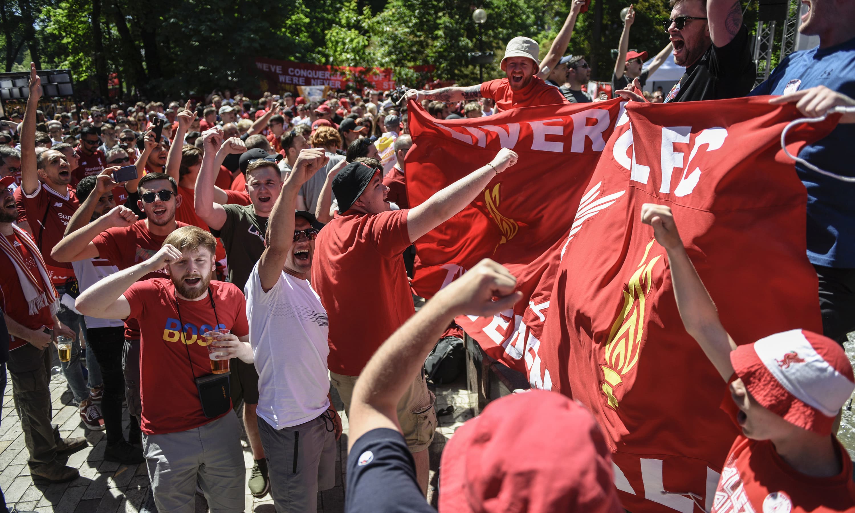 Liverpool supporters sing in Kiev, Ukraine, Saturday, May 26, 2018. Supporters were gathering in Kiev ahead of the Champions League final soccer match between Real Madrid and Liverpool later Saturday. — AP