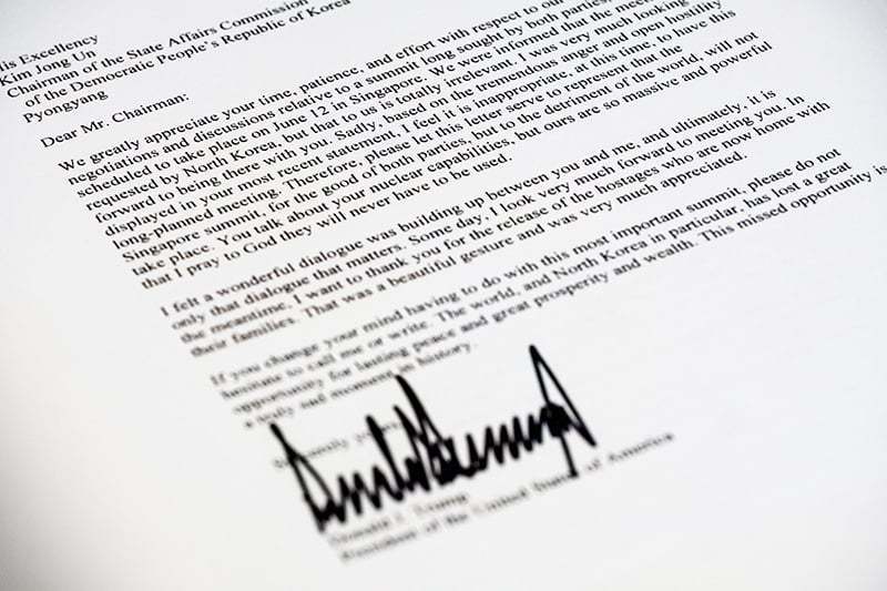A copy of the letter sent to Kim Jong Un from President Trump canceling their planned summit in Singapore. ─ AP