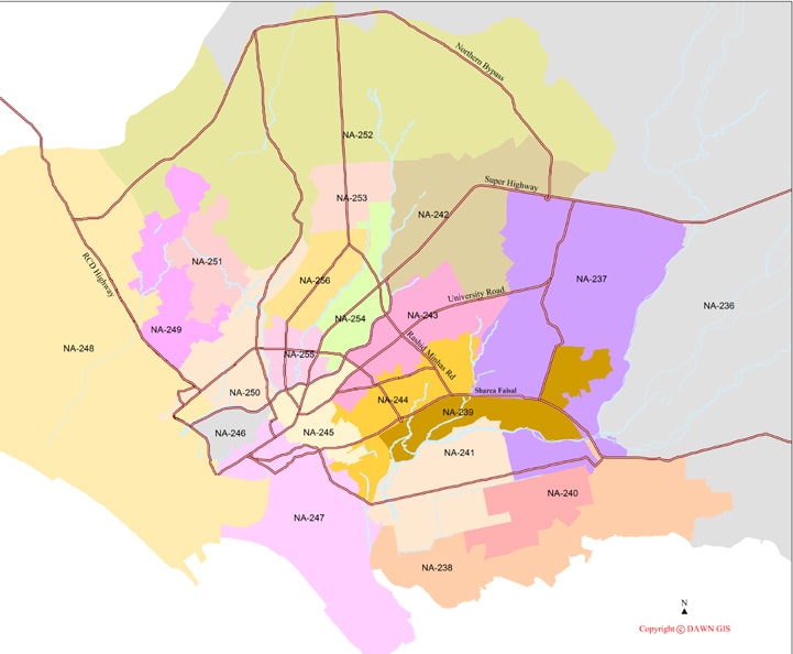 While main roads, rivers and nullahs are meant to divide constituencies, the map above details how this rule has simply been ignored in the delimitation process in Karachi