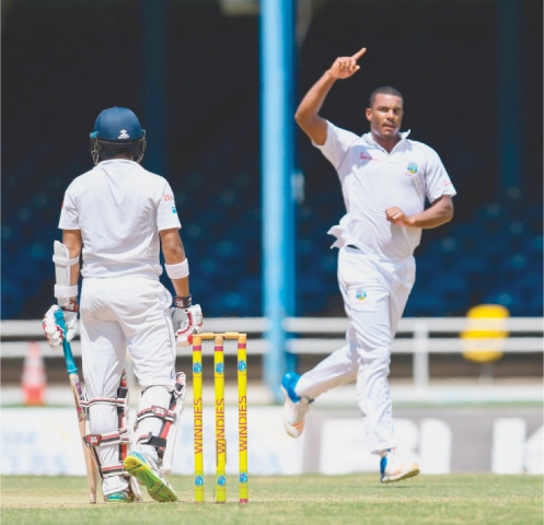 PORT OF SPAIN: West Indies fast bowler Shannon Gabriel celebrates the dismissal of Sri Lanka&rsquo;s century-maker Kusal Mendis during the first Test at the Queen&rsquo;s Park Oval on Sunday.&mdash;AFP