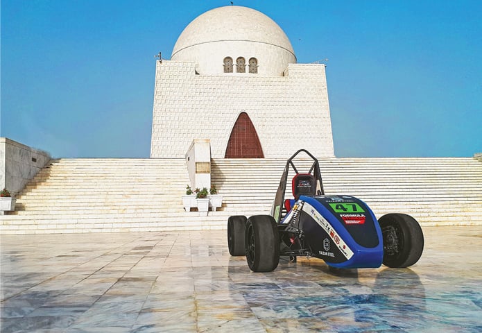 THE electric race car pictured outside the Quaid’s mausoleum.
