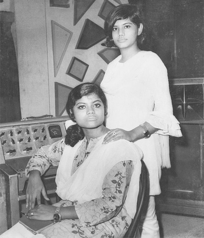 Photographed in the sound recording room of Eastern Film Studios are Runa Laila (standing) and elder sister Dina Laila, who died early. Runa who celebrated 50 years of her career as a playback singer is the only singer to have lent her voice to Pakistani, Bangladeshi and Indian film songs | Photos by the writer