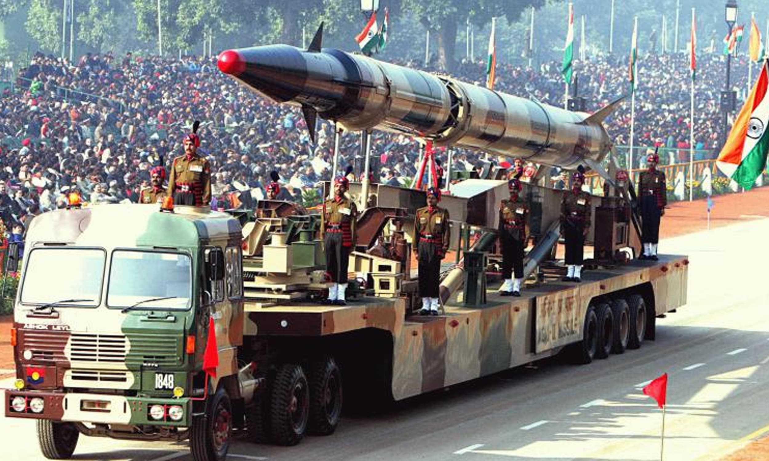 An Indian Agni-II intermediate range ballistic missile on a road-mobile launcher, displayed at the Republic Day Parade on New Delhi’s Rajpath, January 26, 2004 | Via the Wire India