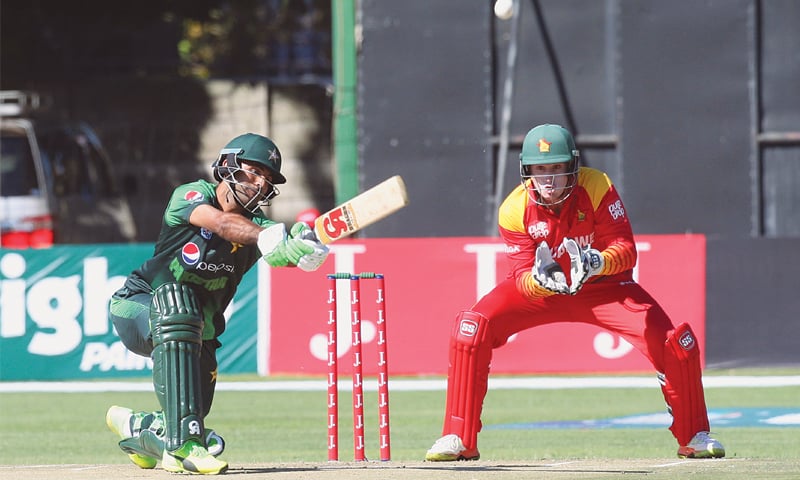 HARARE: Pakistan opener Fakhar Zaman hits over the top during his knock of 61 in the first match of the Twenty20 International tri-series against Zimbabwe at the Harare Sports Club on Sunday.&mdash;AP