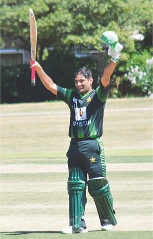 WORCESTER: Debutant Pakistan opener Mohammad Shahbaz celebrates the century during the tri-series match against England.