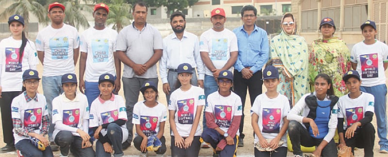 KARACHI: Chairperson NSA Tehmina Asif seen with young softball academy players, Director Academy Mohammad Nasir and other officials here on Sunday.
