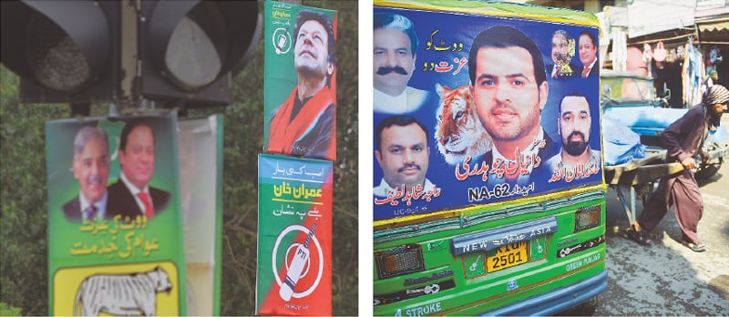 Campaign posters with political slogans are ubiquitous — on the streets, vehicles and even lights.