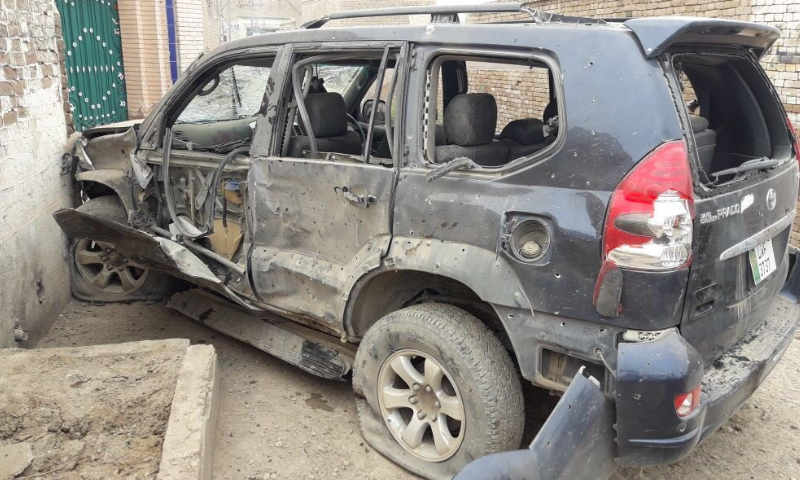 Gandapur's vehicle in shambles after the suicide attack.—DawnNewsTV