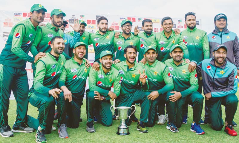 BULAWAYO: The victorious Pakistan team members pose with the trophy after completing a 5-0 sweep of the ODI series against Zimbabwe at the Queens Sports Club on Sunday.—AFP BULAWAYO: The victorious Pakistan team members pose with the trophy after completing a 5-0 sweep of the ODI series against Zimbabwe at the Queens Sports Club on Sunday.—AFP