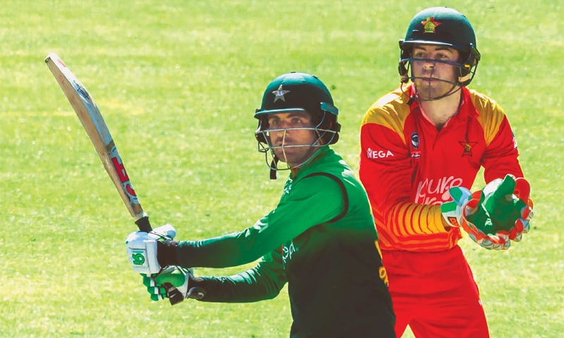 FAKHAR Zaman, the man-of-the-series, cuts on his way to 85 as Zimbabwe wicket keeper Ryan Murray looks on.—AFP