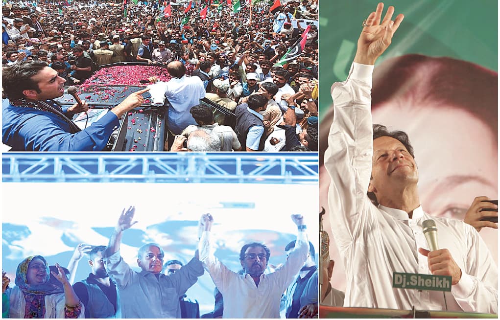 (TOP left) PPP chairman Bilawal Bhutto-Zardari addressing a public gathering at Ratodero on the last day of election campaign on Monday. (Bottom left) PML-N president Shahbaz Sharif raises hands along with party leaders at an election gathering in Dera Ghazi Khan. (Right) PTI chief Imran Khan waves to supporters at a rally in Lahore.—APP / White Star / AP