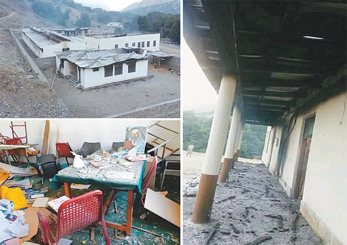 (Top left) A school building after the attack. (Right) A view of the damaged verandah and (bottom left) a room littered with broken furniture.—Photos by Umar Bacha