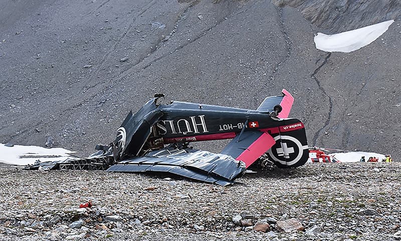 The wreckage of a Junkers JU52 aircraft in Flims, after it crashed into Piz Segnas, a 3,000-metre (10,000-foot) peak in eastern Switzerland on August 4. &mdash;AFP