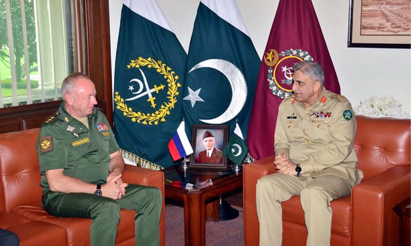 RAWALPINDI: Chief of the Army Staff Gen Qamar Javed Bajwa and Russian Deputy Defence Minister Col Gen Alexander Fomin pictured during a meeting on Tuesday.—PPI