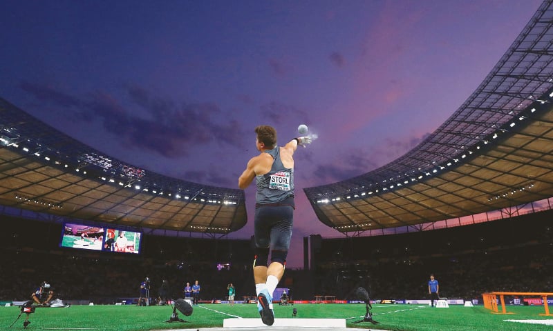 BERLIN: David Storl of Germany competes during the men&rsquo;s shot put final of the European Championships at the Olympic Stadium.&mdash;Reuters