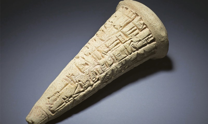 London: A Sumerian clay cone dating back to around 2200BC, identical to inscribed cones found on the site of the Eninnu temple in the ancient Iraqi city of Girsu.—AFP