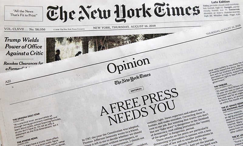 An editorial titled "A Free Press Needs You" is published in The New York Times. —AP An editorial titled "A Free Press Needs You" is published in The New York Times. —AP
