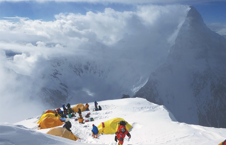 Almost there: climbing up from Camp 3 (around 7,200m)| Photo by Sophie Lavaud