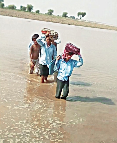 JHANG: Students wade through flooded fields. — Dawn