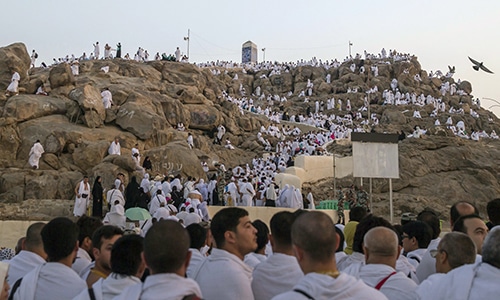 Muslim pilgrims gather at the Plain of Arafat and climb the Jabal Al Rahma holy mountain during the annual pilgrimage. &mdash; AP