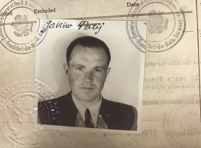 Jakiw Palij (left), a 95-year-old New York City man believed to be a former guard at a labour camp in Nazi-occupied Poland, is pictured in a 1949 visa photo. In this Monday frame from a video (right), Palij is carried on a stretcher from his home in the Queens borough of New York.—Agencies