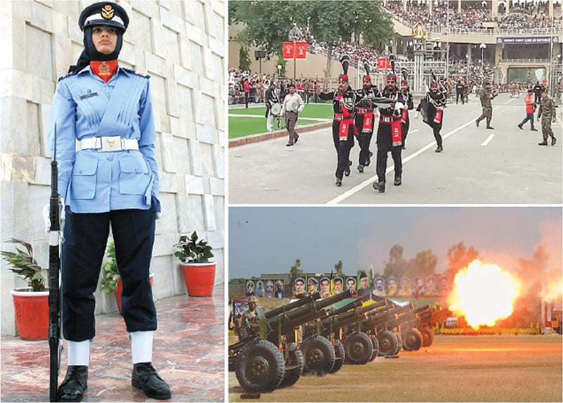 (Left) A Pakistan Air Force female cadet stands alert after the change of guards ceremony held on the occasion of Defence Day of Pakistan at the mausoleum of Quaid-i-Azam Mohammad Ali Jinnah in Karachi on Thursday. (Top-right) Armed forces personnel do the flag march at Wagah Border near Lahore. A view of cannon firing at Karnal Sher Khan Shaheed Army Stadium in Peshawar.—PPI / White Star