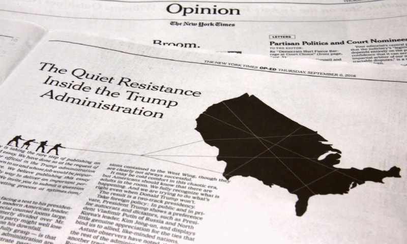 This photo shows an anonymous opinion piece in The New York Times on Thursday.—AP This photo shows an anonymous opinion piece in The New York Times on Thursday.—AP