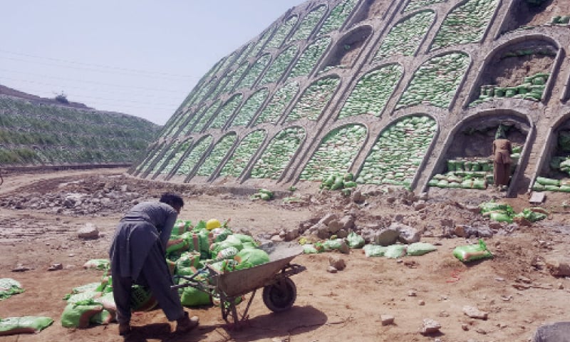 Labourers stack bags containing soil and seeds in a retaining wall along Hazara Motorway near Mansehra. — Dawn Labourers stack bags containing soil and seeds in a retaining wall along Hazara Motorway near Mansehra. — Dawn