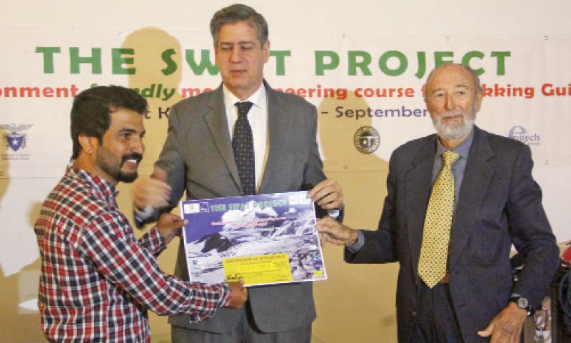 Italian Ambassador Stefano Pontecorvo hands over certificate to a participant after completion of mountaineering course in Swat on Sunday. — Dawn Italian Ambassador Stefano Pontecorvo hands over certificate to a participant after completion of mountaineering course in Swat on Sunday. — Dawn