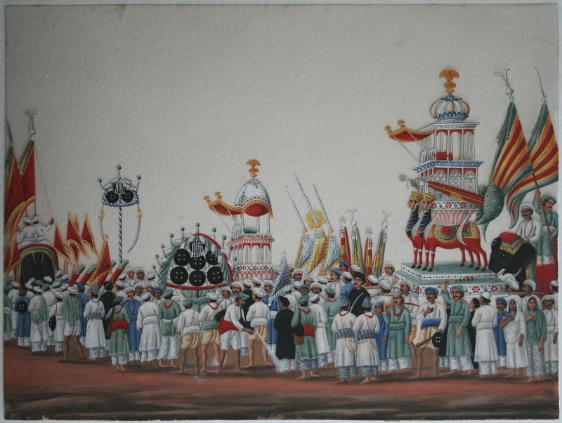 Muharram festival procession. Anglo-Indian (a.k.a. 'Company School') at Patna, c. mid-19th century. Opaque watercolour on mica. Attributed to Shiva Lal or his workshop.—swarajarchive.org.in