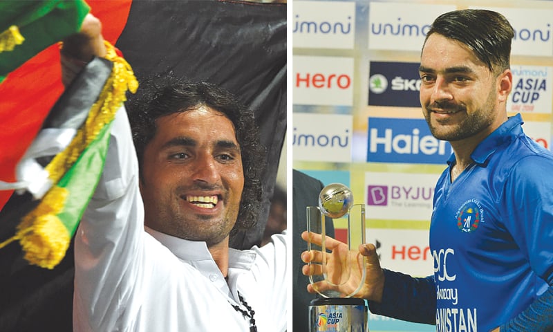 ABU DHABI: (Left) An Afghan fan waves the national flag of his country as he cheers in support of Afghanistan’s team during the one-day international Asia Cup match against Bangladesh on Thursday. (Right) Afghan cricketer Rashid Khan poses with his award of ‘Player of the Match’ after the victory.—AFP