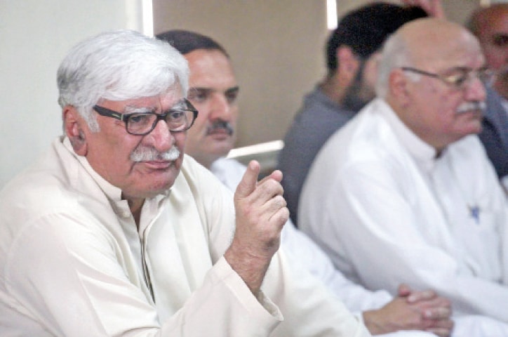 Asfandyar Wali addresses a presser in Peshawar on Monday. — White Star