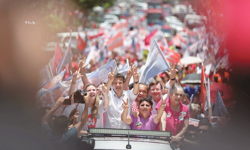Brazilian presidential candidate Fernando Haddad at a campaign rally in Manaus
on Saturday. —Reuters Brazilian presidential candidate Fernando Haddad at a campaign rally in Manaus
on Saturday. —Reuters