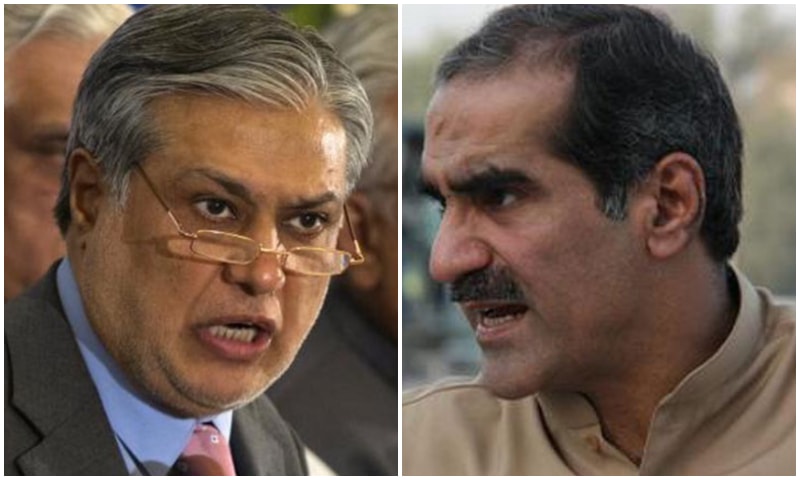 (L) Former finance minister Ishaq Dar, (R) former railways minister Saad Rafique.