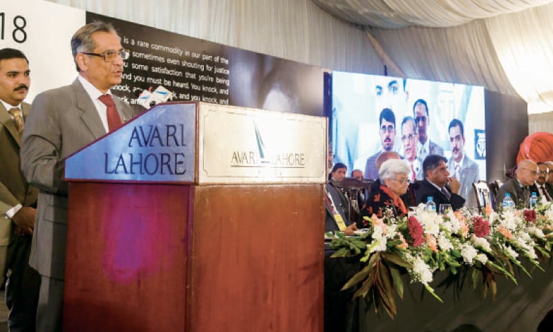 Chief Justice Saqib Nisar addresses the Asma Jahangir Conference. &mdash; White Star
