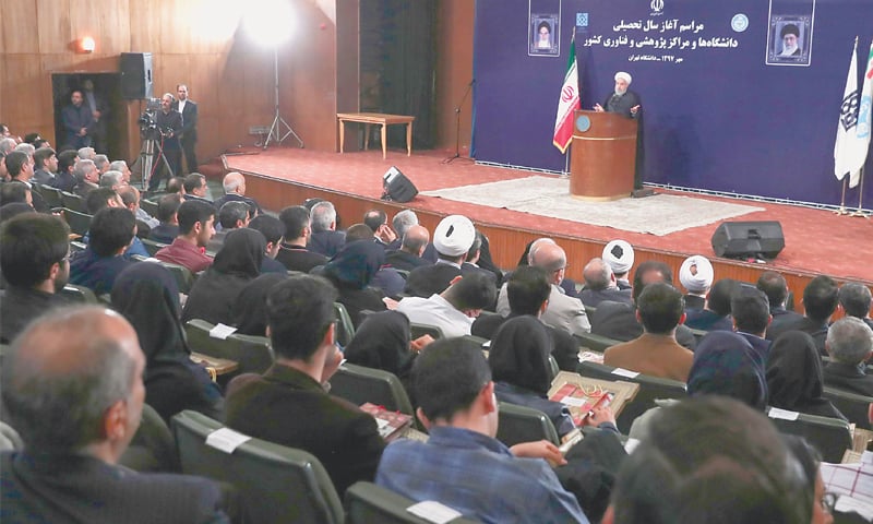 PRESIDENT Hassan Rouhani speaking at a programme in Tehran University on Sunday.—AFP