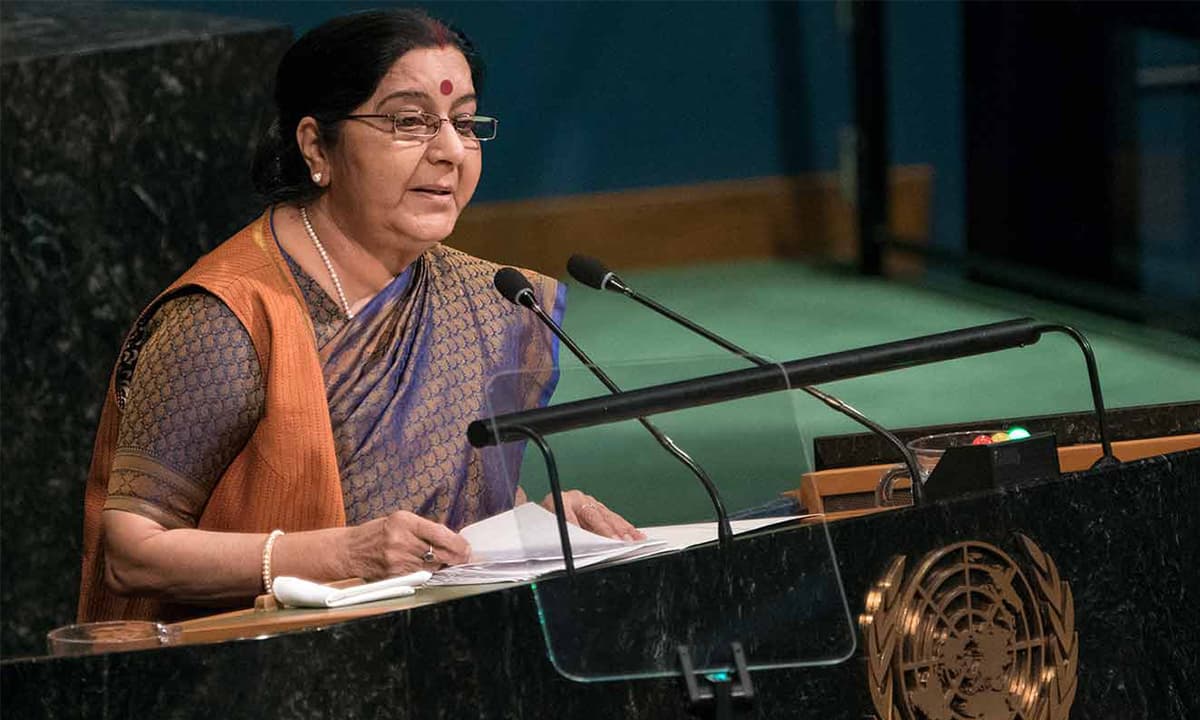 Indian External Affairs Minister Sushma Swaraj addresses the United Nations General Assembly in 2017 | AP