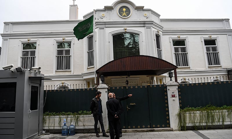 Security members of the consulate stand in front of Saudi Consul's residence on October 17, 2018 in Istanbul. —AFP