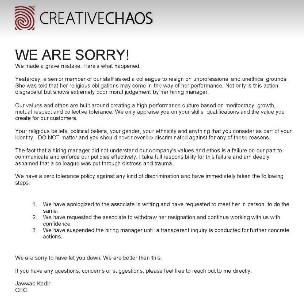 Apology shared by Creative Chaos on Facebook.