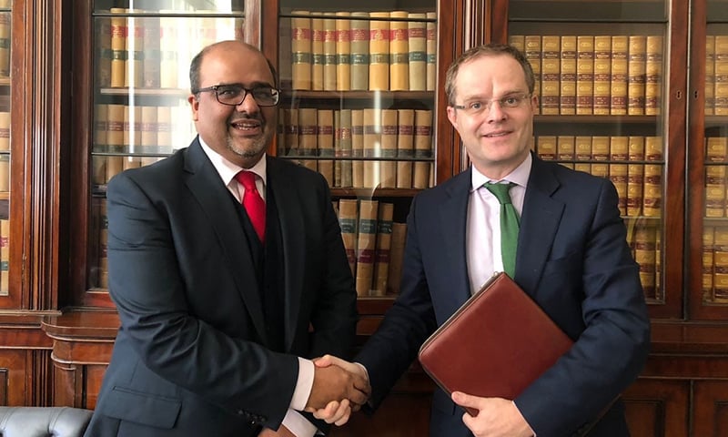 SAPM Mirza Shahzad Akbar with ,UK Prime Minister's Special Representative for Afghanistan and Pakistan Mr Gareth Bayley in London. — Photo by author