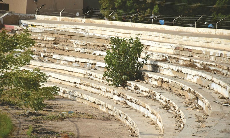 Crumbling stands at Niaz Stadium, Hyderabad in 2018. &mdash; Dawn/File