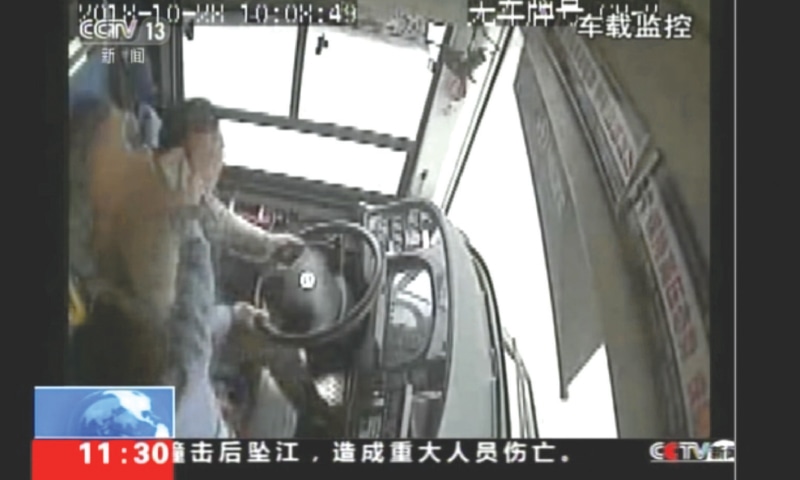 WANZHOU (China): In this image taken from surveillance video footage run by a Chinese television channel, a passenger strikes a bus driver with an object moments before the vehicle plunged off a bridge into the Yangtze River in Wanzhou. Police say a brawl between the passenger and the driver caused the Oct 28 accident, which killed over 13 people.&mdash;AP