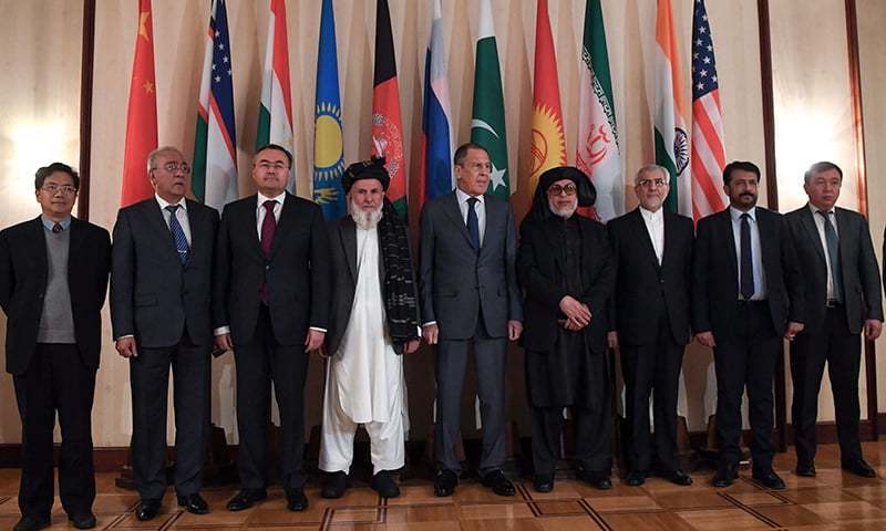 Russian Foreign Minister Sergei Lavrov and participants of international talks on Afghanistan pose for a photo in Moscow on November 9, 2018.  — AFP