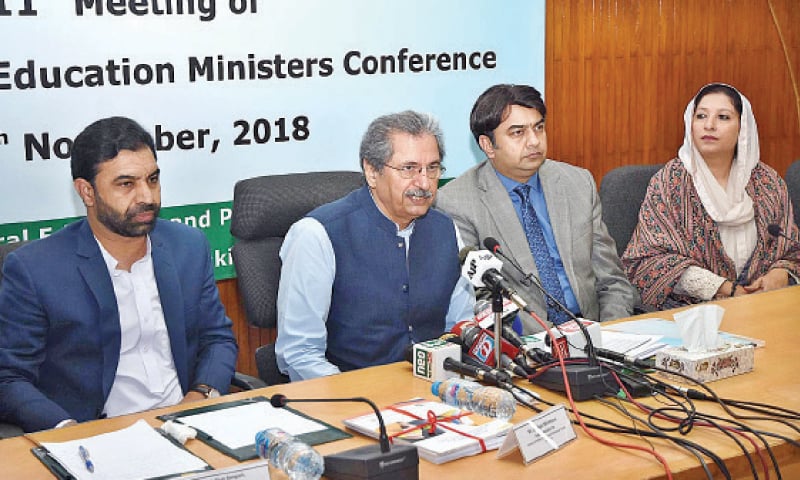 Education Minister Shafqat Mahmood speaks to media after presiding over the 11th meeting of the Inter-Provincial Education Ministers Conference on Monday. Punjab Minister for Higher Education Yasir Humayun Sarfraz and Adviser to KP Chief Minister Ziaullah Bangash are also present. &mdash; APP