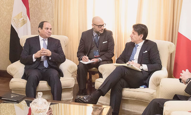 Palermo: Italian Prime Minister Giuseppe Conte (right) and Egyptian President Abdel Fattah al Sissi (left) meet on the sidelines of an international conference on Libya on Tuesday. — AFP Palermo: Italian Prime Minister Giuseppe Conte (right) and Egyptian President Abdel Fattah al Sissi (left) meet on the sidelines of an international conference on Libya on Tuesday. — AFP