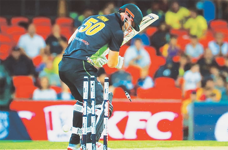 GOLD COAST: Australian captain Aaron Finch reacts after being dismissed in the one-off Twenty20 International against South Africa at the Carrara Oval on Saturday.&mdash;AFP