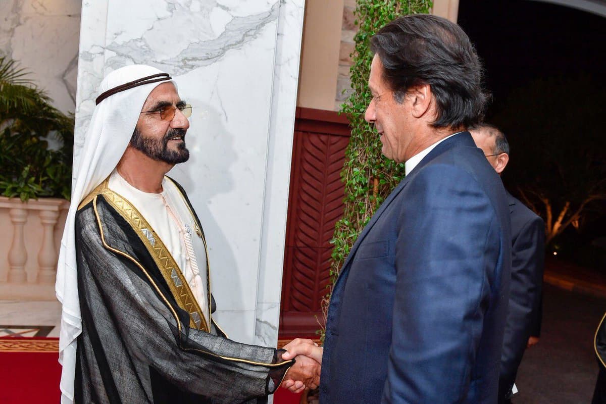 Sheikh Mohammad bin Rashid Al Maktoum, Vice President and the Prime Minister of UAE shakes hands with Prime Minister Imran Khan at Zabeel Palace, Dubai. — Photo courtesy His Highness Sheikh Mohammed bin Rashid Al Maktoum's Twitter