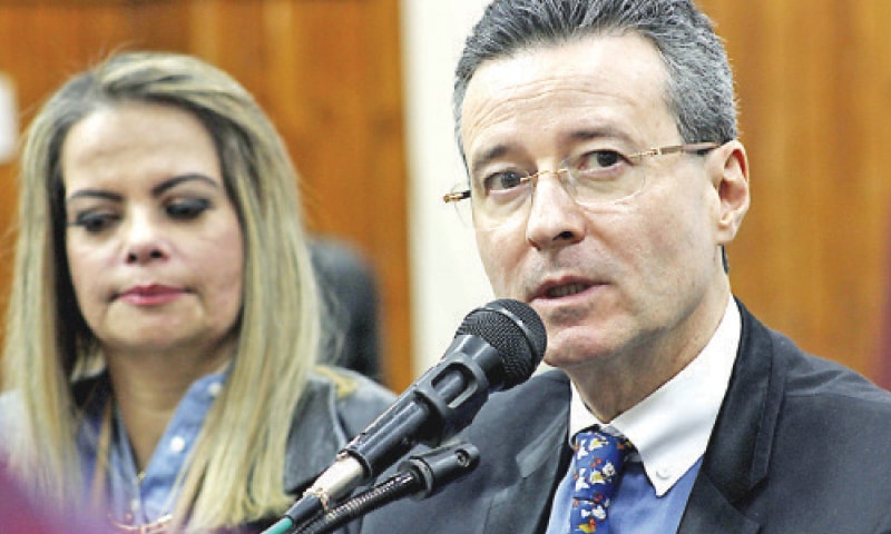 Brazilian Ambassador Claudio Raja Gabaglia Lins addresses a press conference in Peshawar on Monday. — White Star Brazilian Ambassador Claudio Raja Gabaglia Lins addresses a press conference in Peshawar on Monday. — White Star
