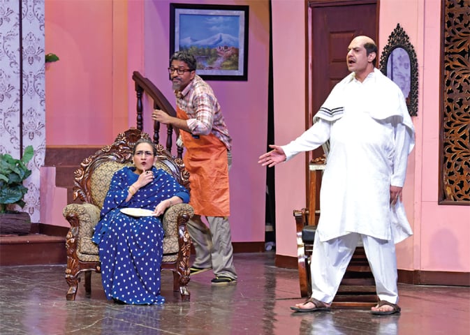 A scene from the play Kyun Nikala staged at the PNCA on Tuesday. &mdash; Photo by Tanveer Shahzad